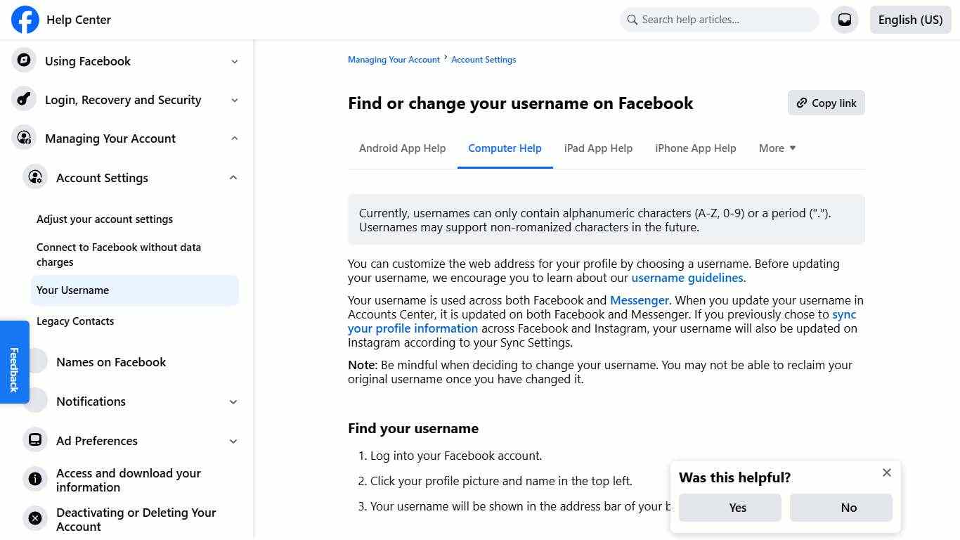 Find or change your username on Facebook | Facebook Help Center